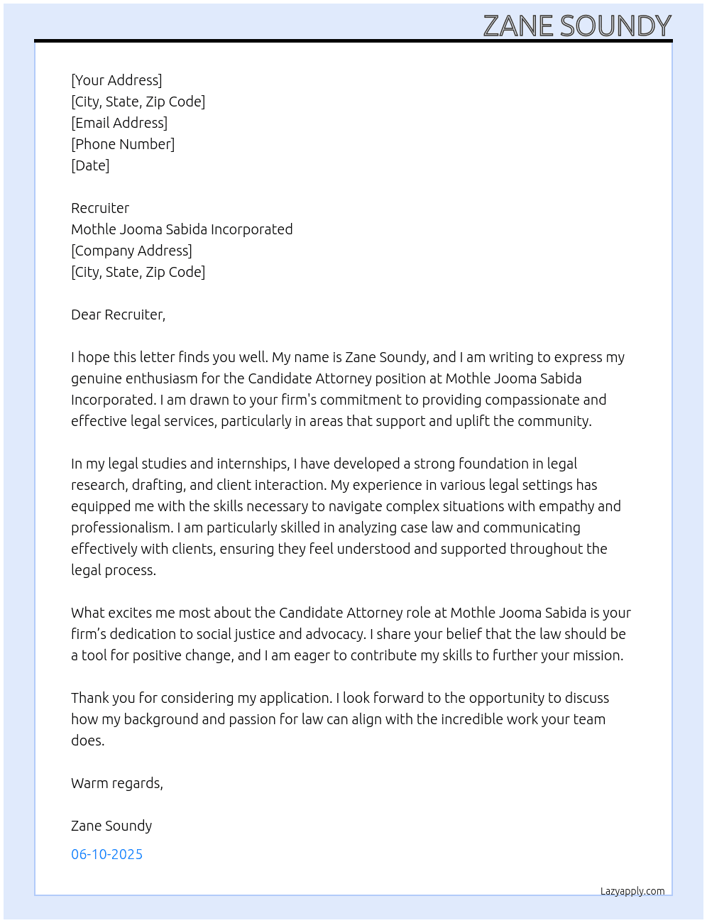 candidate attorney At Mothle Jooma Sabida Incorporated Cover Letter