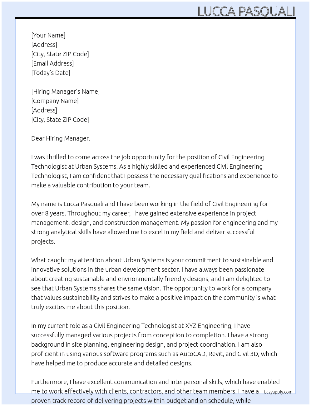 IVIL ENGINEERING TECHNOLOGIST At Urban Systems Cover Letter