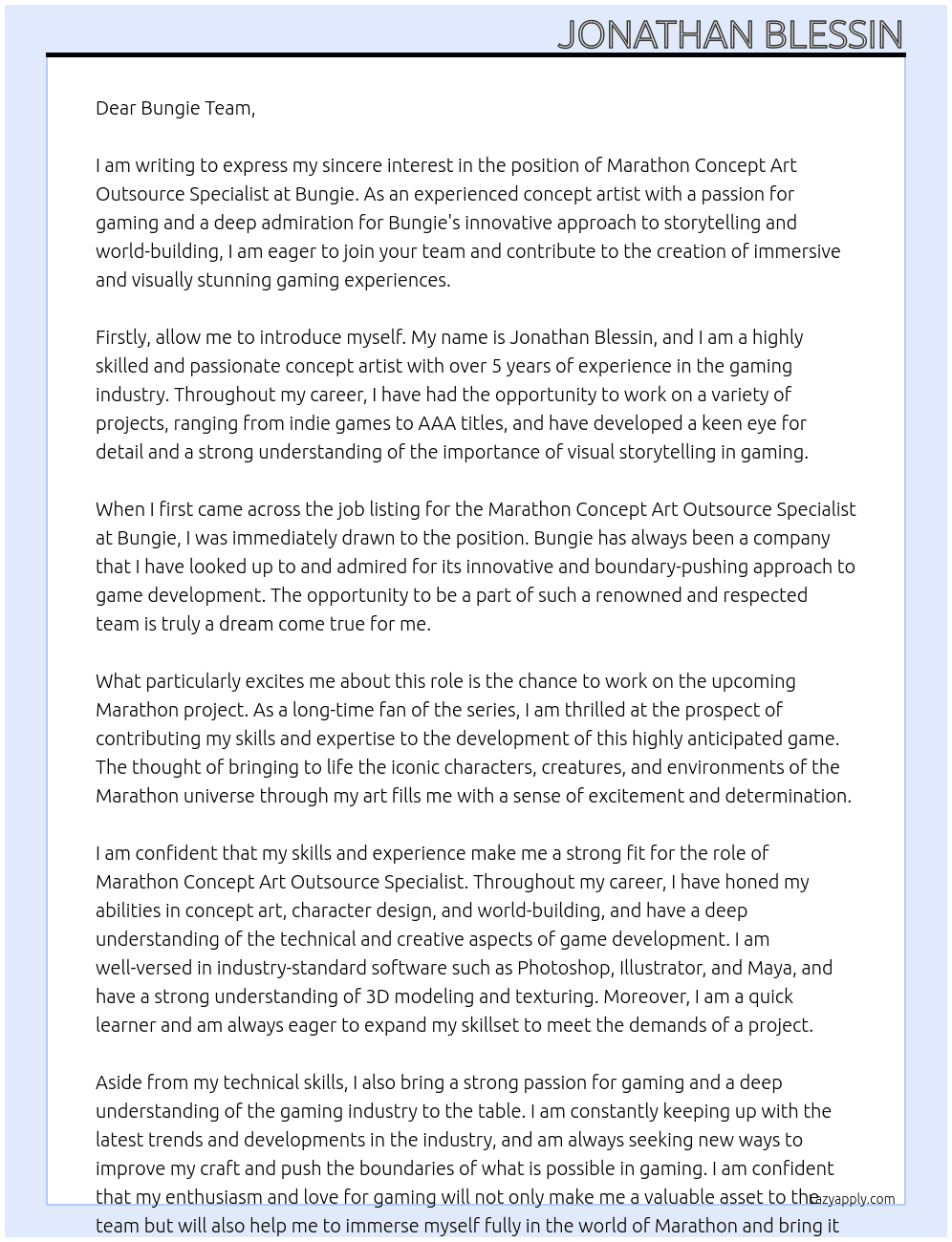 MARATHON CONCEPT ART OUTSOURCE SPECIALIST At Bungie Cover Letter