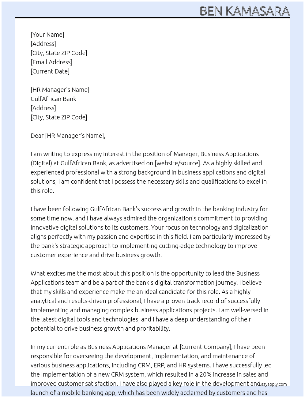 Manager, Business Applications (Digital)s At GulfAfrican Bank Cover Letter