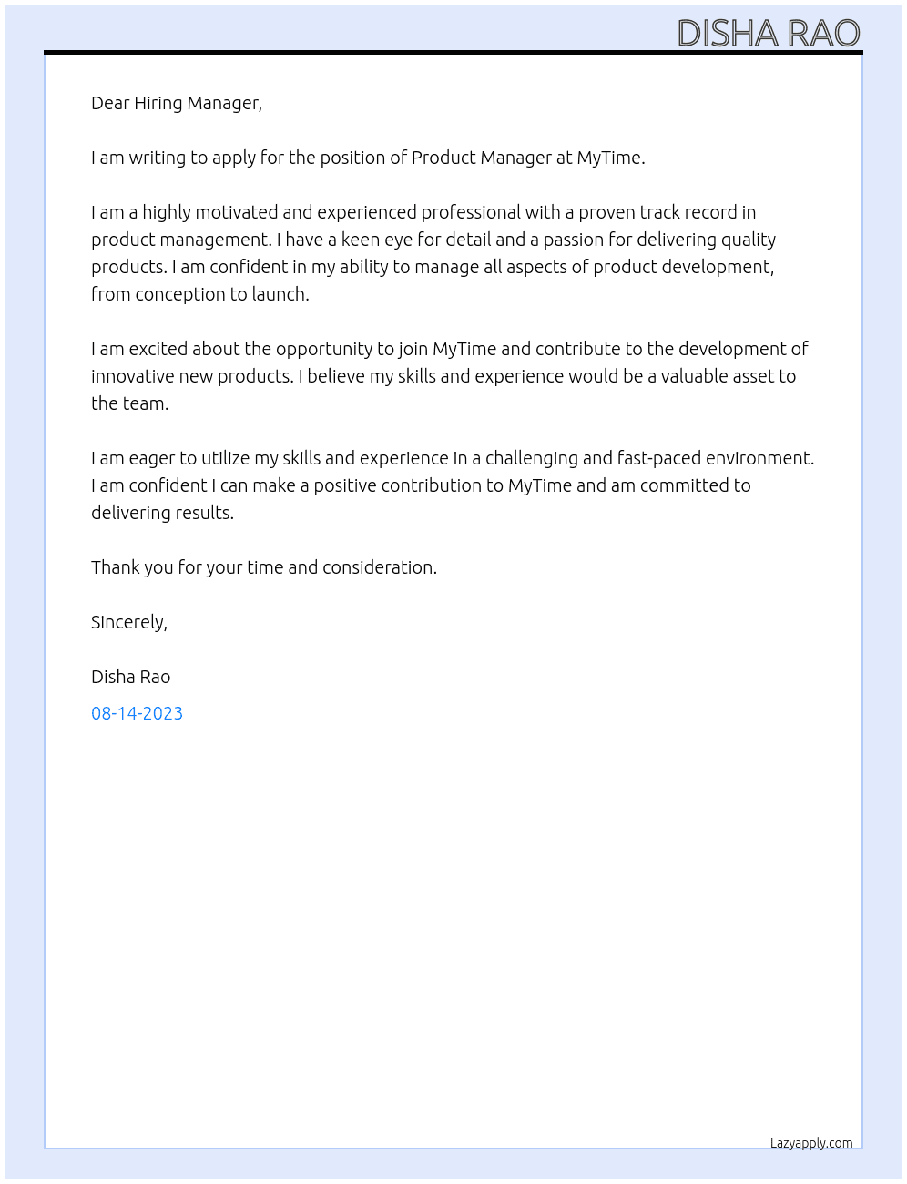 Product Manager At MyTime Cover Letter