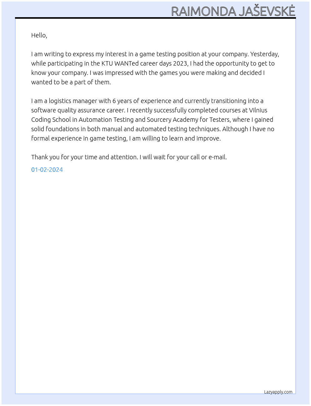 Game Tester At Tutotoons Cover Letter
