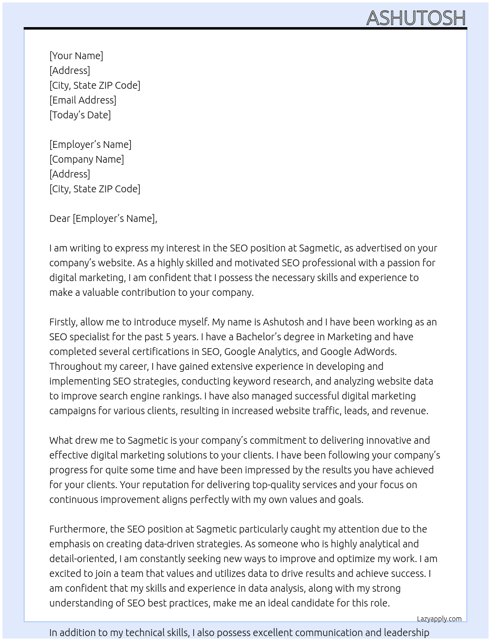 SEo At Sagmetic Cover Letter