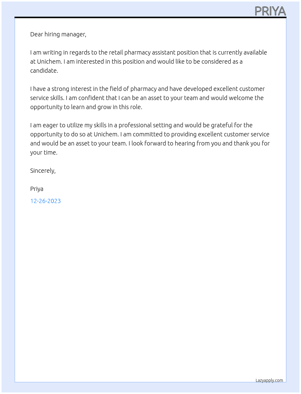 retail pharmach assistant At unichem Cover Letter
