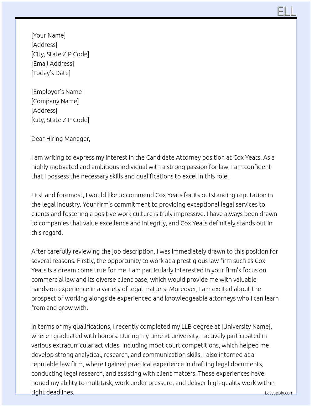 Candidate Attorney At Cox Yeats Cover Letter