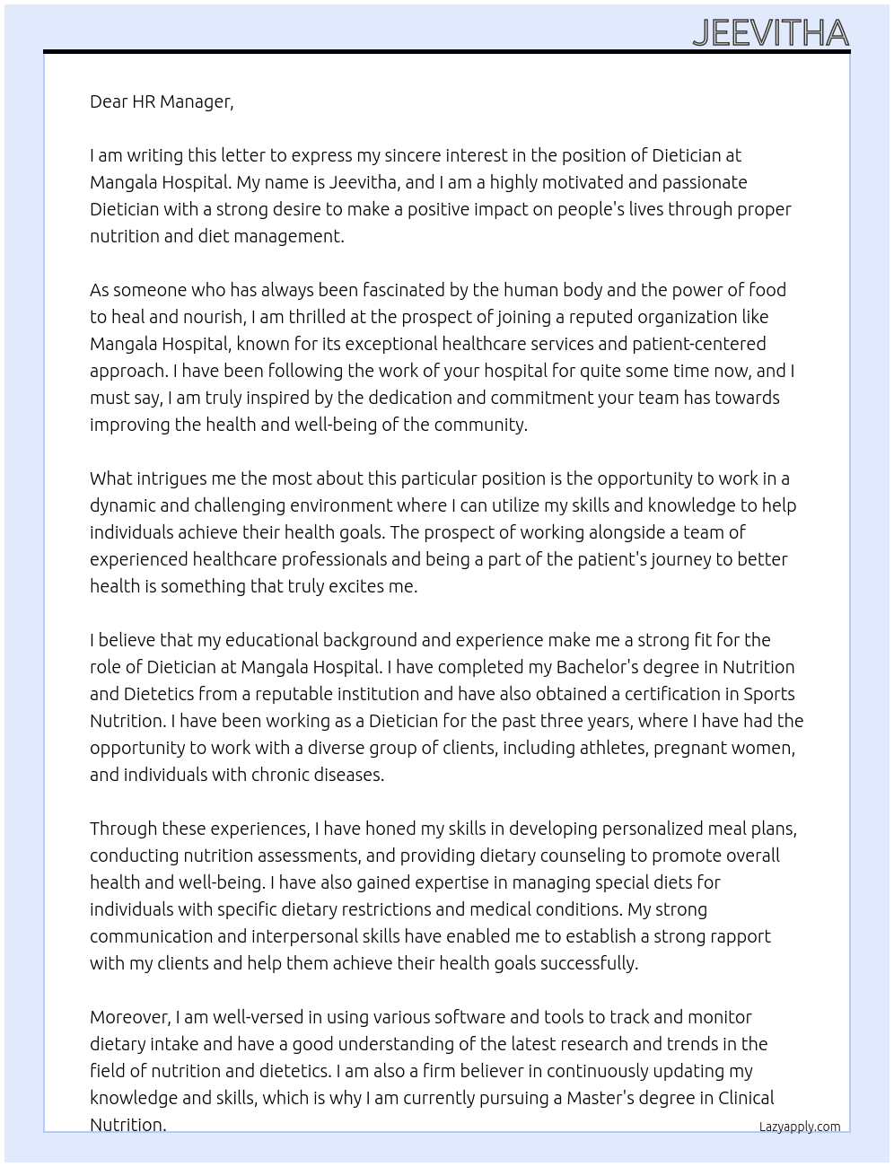 Dietician  At Mangala hospital  Cover Letter