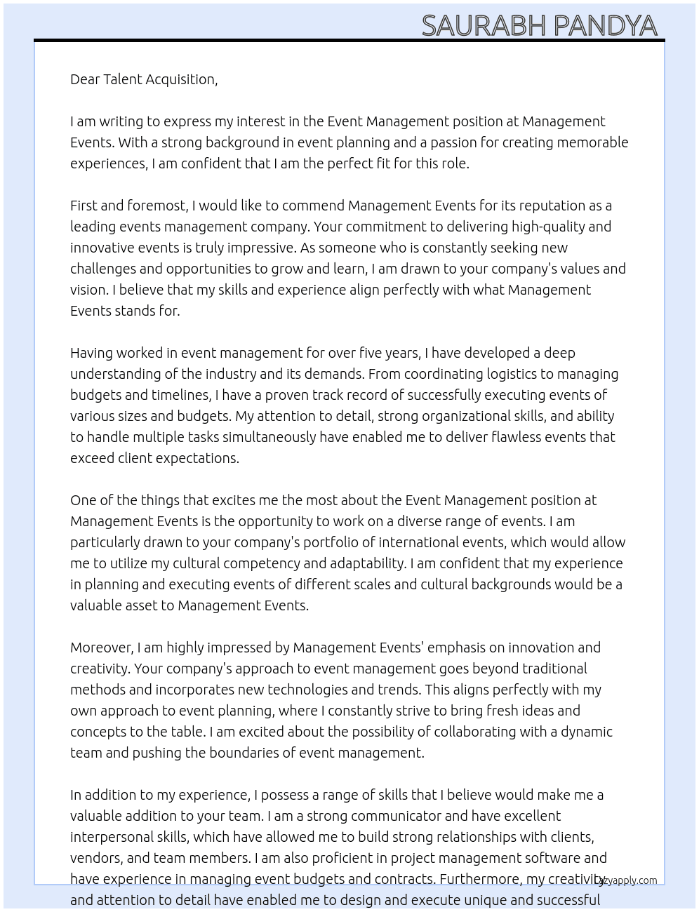 Event Management  At Management Events Cover Letter