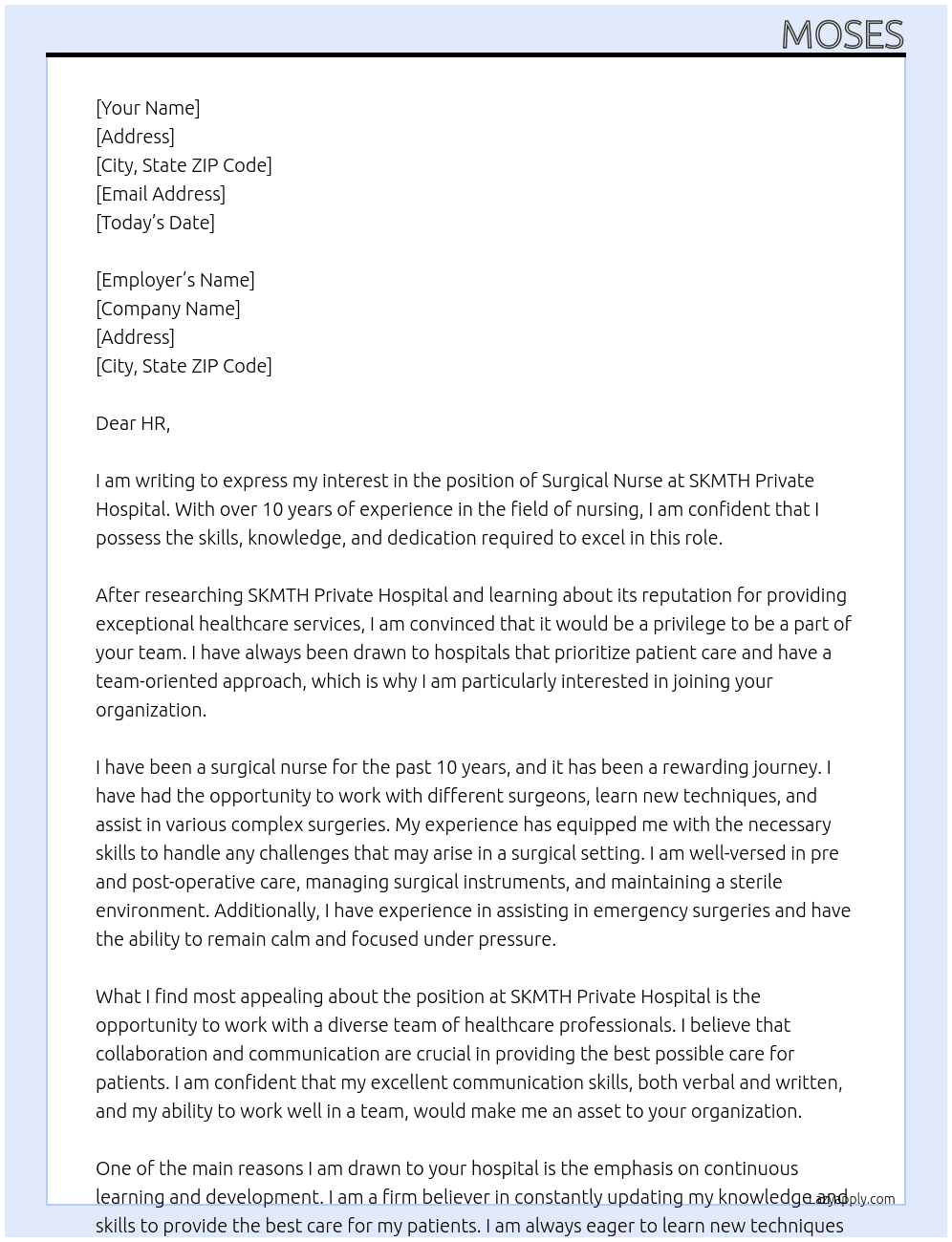 Surgical Nurse WITH 10 YEARS EXPERIENCE At SKMTH PRIVATE HOSPITAL Cover Letter