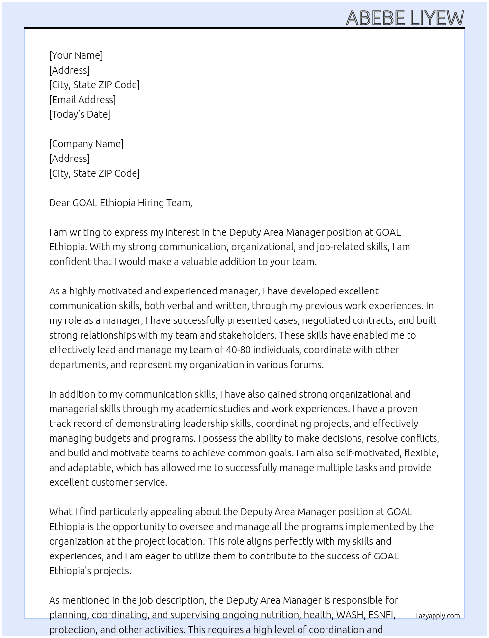 Deputy Area Manager At GOAL Ethiopia Cover Letter