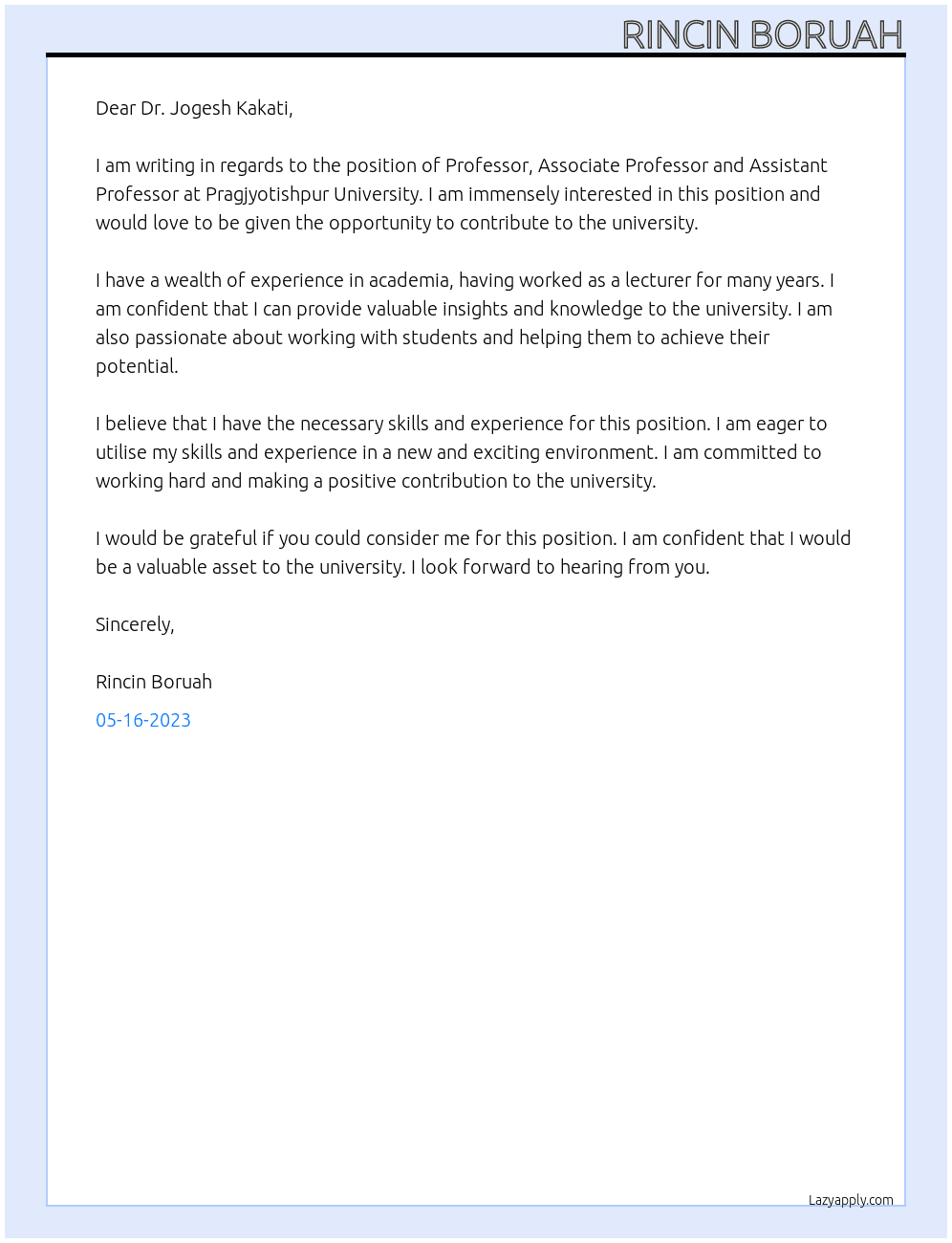 Professor, Associate Professor and Assistant Professor At Pragjyotishpur University Cover Letter