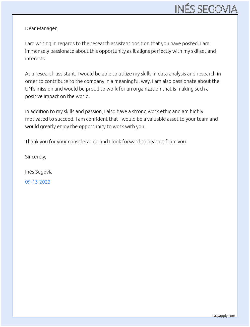 Research assistant At UN Cover Letter