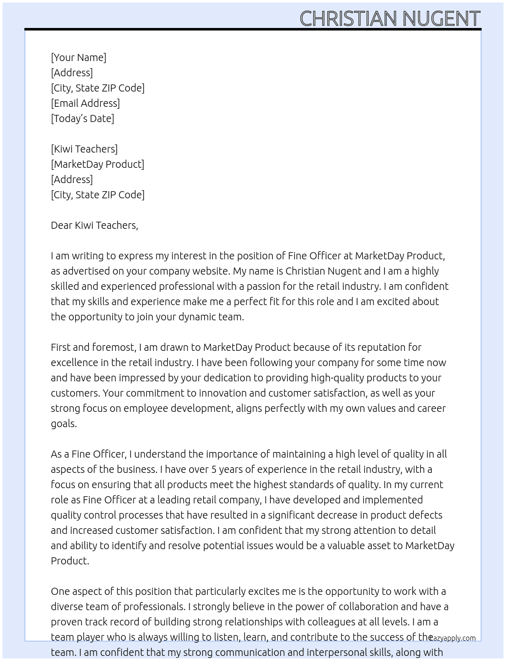 Application for the Position of Fine Officer At marketday product Cover Letter