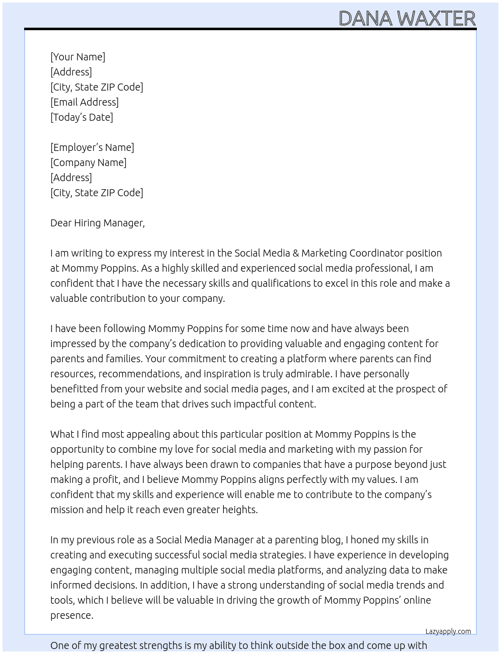 Social Media & Marketing Coordinator At Mommy Poppins Cover Letter