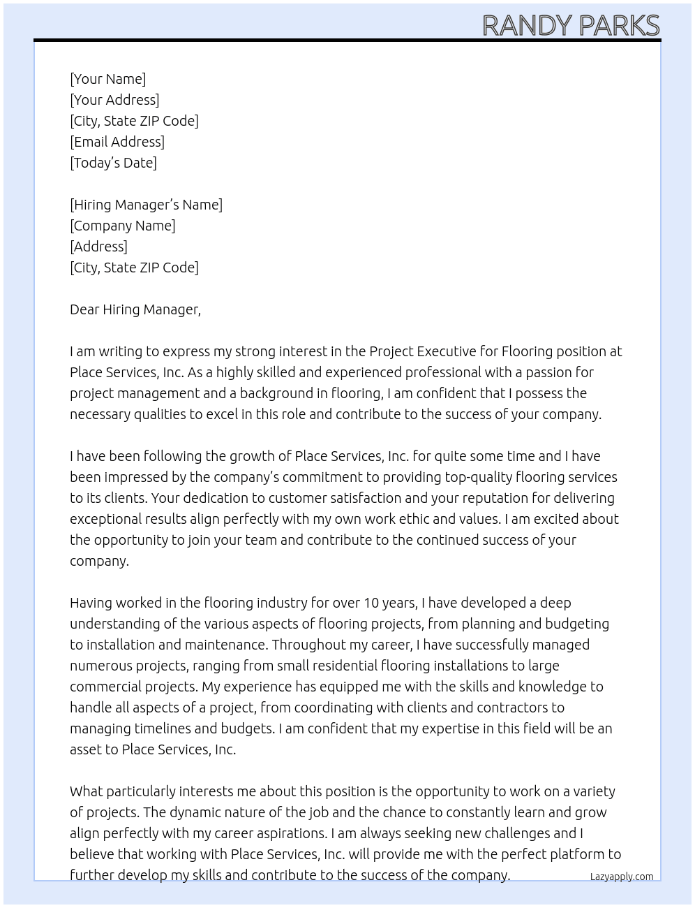Project Executive for Flooring At Place Services, Inc. Cover Letter