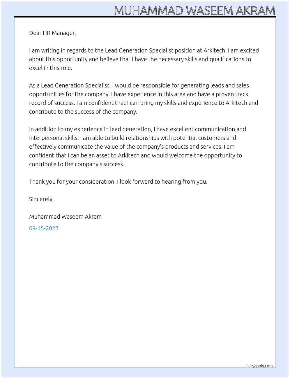 Lead Generation Specialist At Arkitech Cover Letter