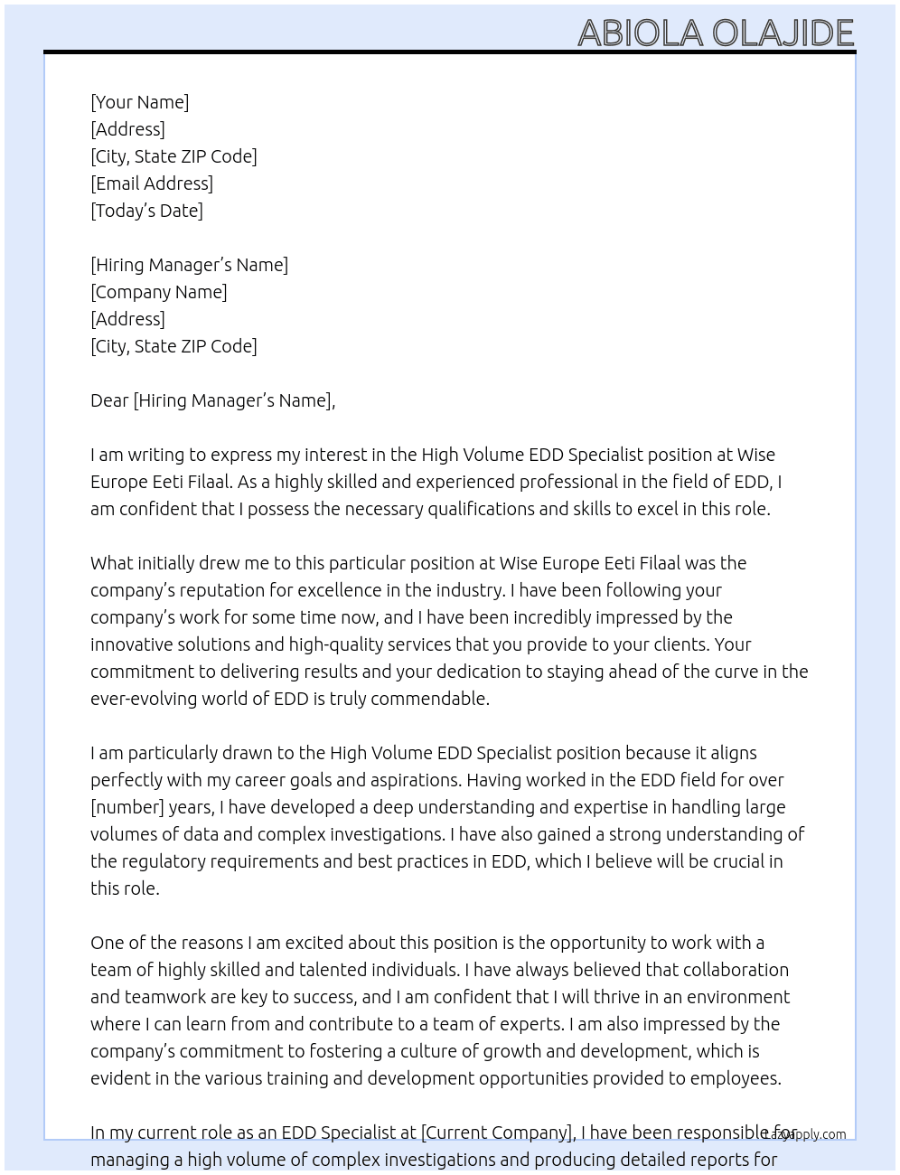 High Volume EDD Specialist At wise europe eeti filaal Cover Letter