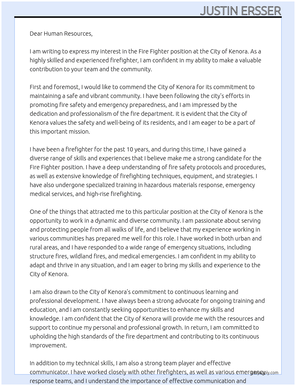 Fire Fighter  At City of Kenora Cover Letter