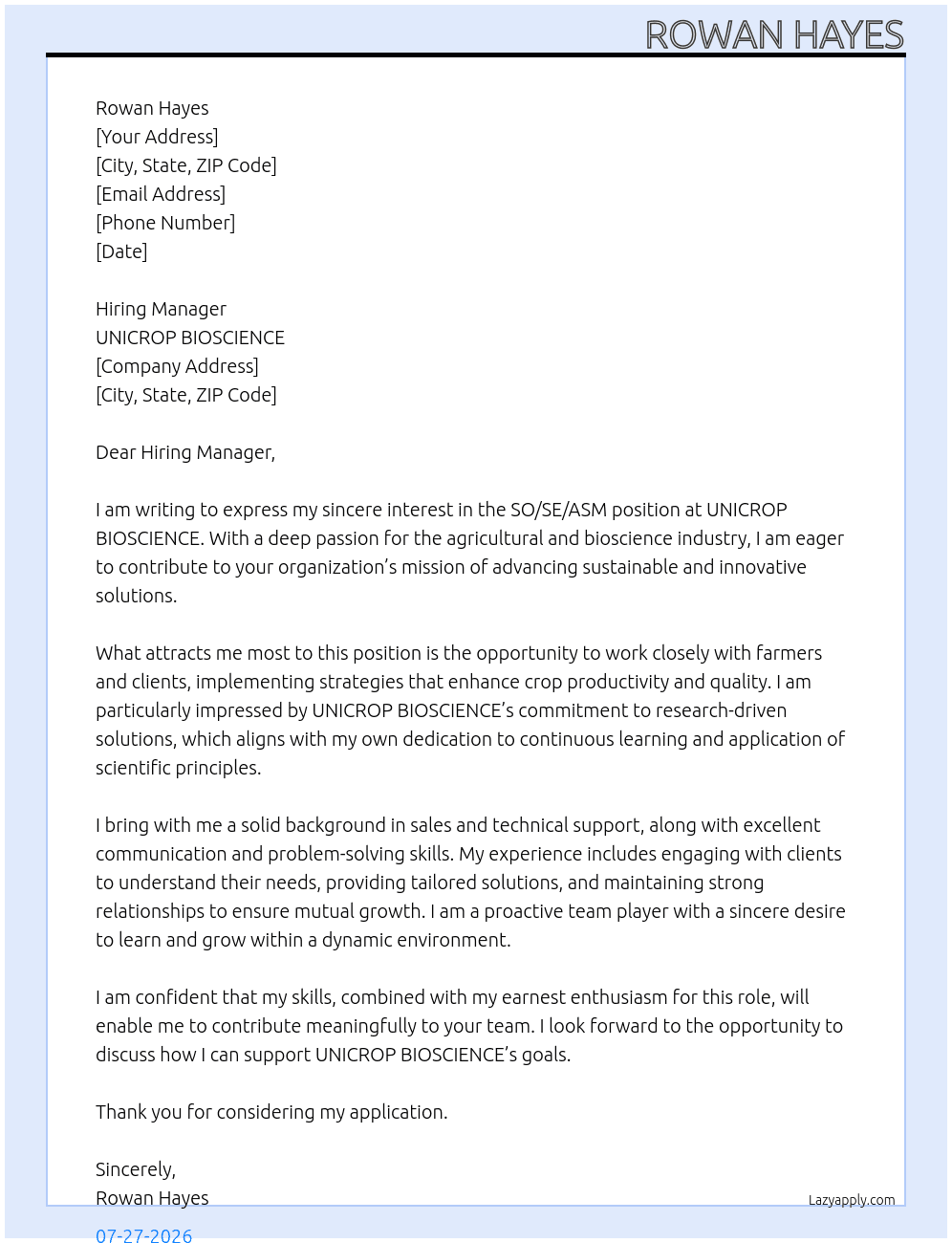 SO/SE/ASM At UNICROP BIOSCIENCE Cover Letter
