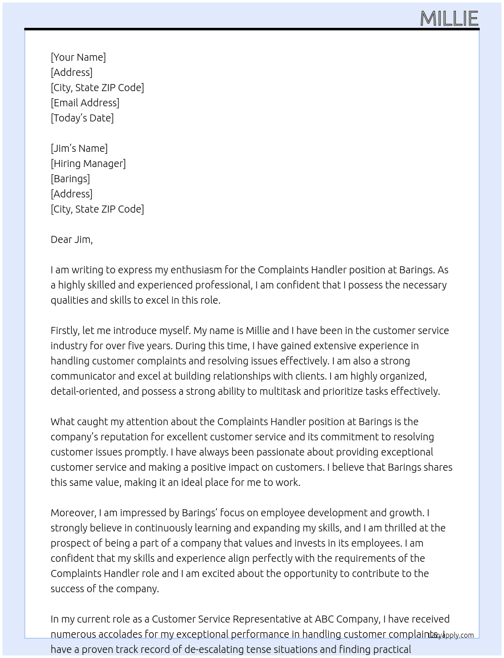 Complaints Handler  At Barings Cover Letter