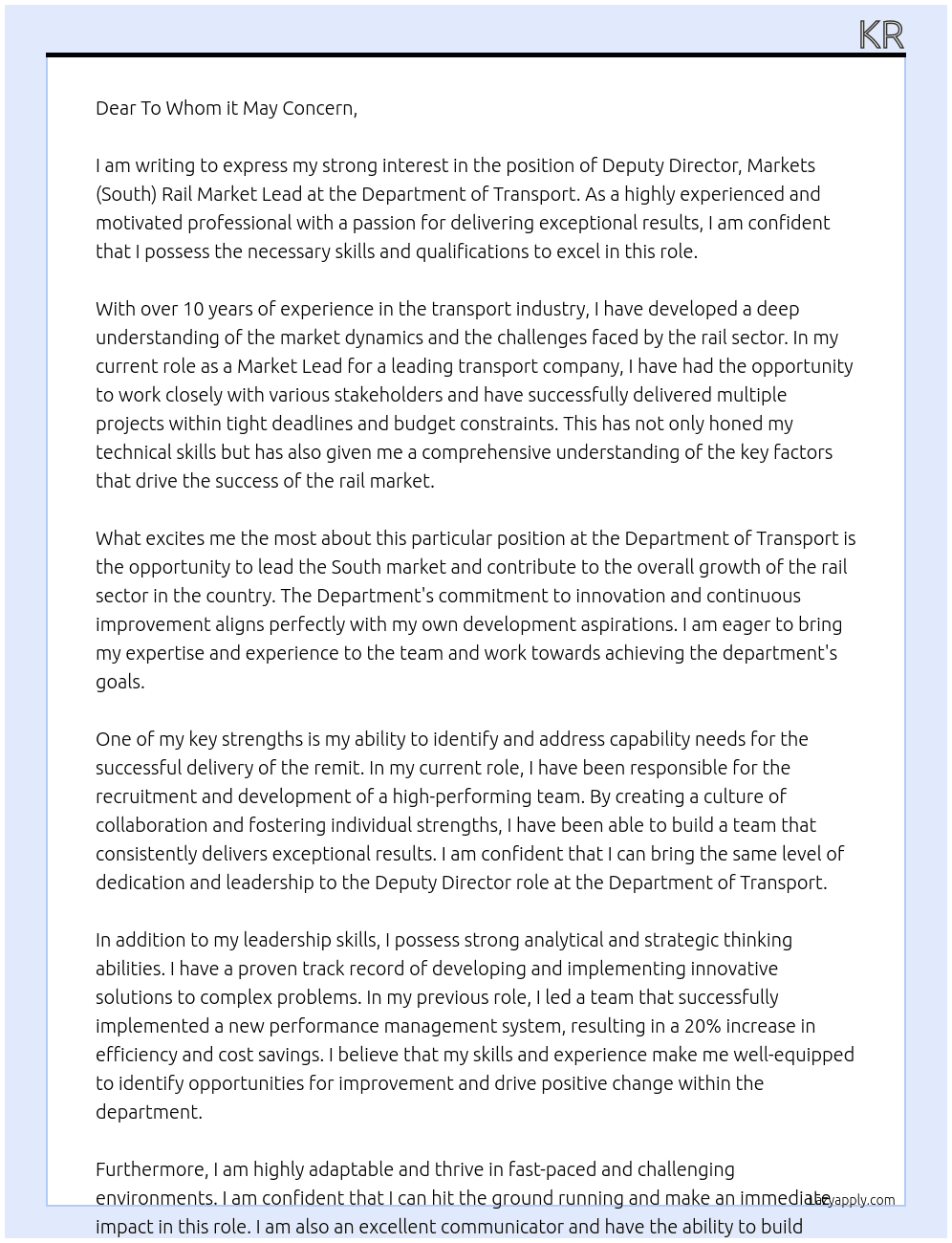 Deputy Director, Markets (South) Rail Market Lead At Department of Transport Cover Letter