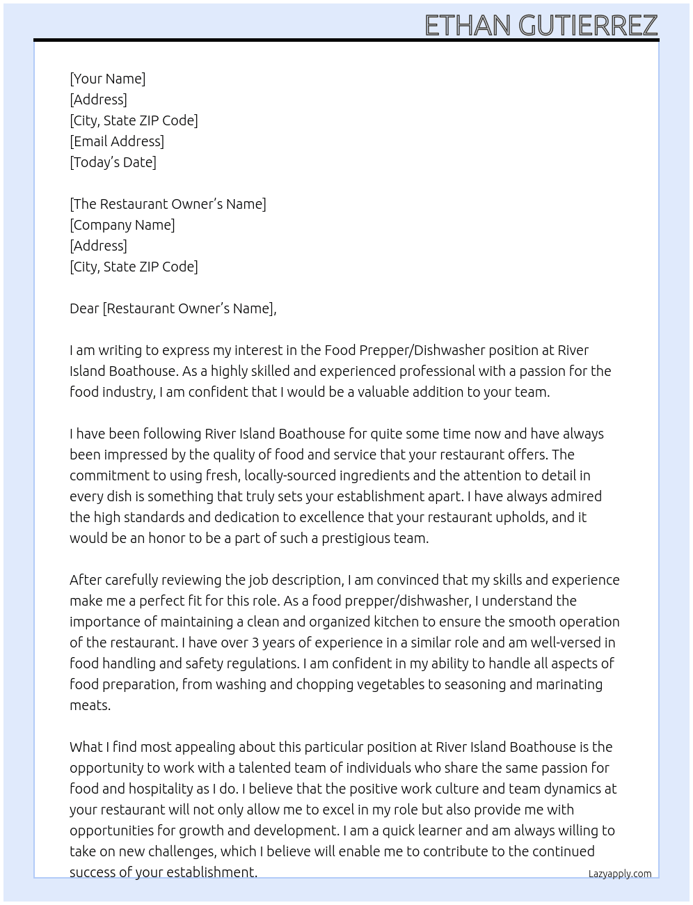 Food Prepper/Dishwasher At River island Boathouse Cover Letter
