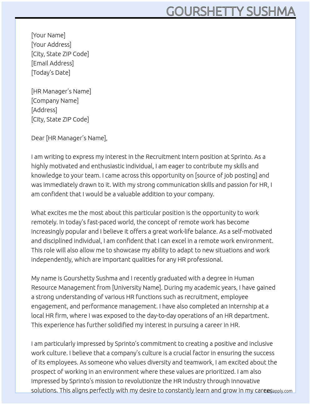 Recruitment Intern - Remote At Sprinto  Cover Letter