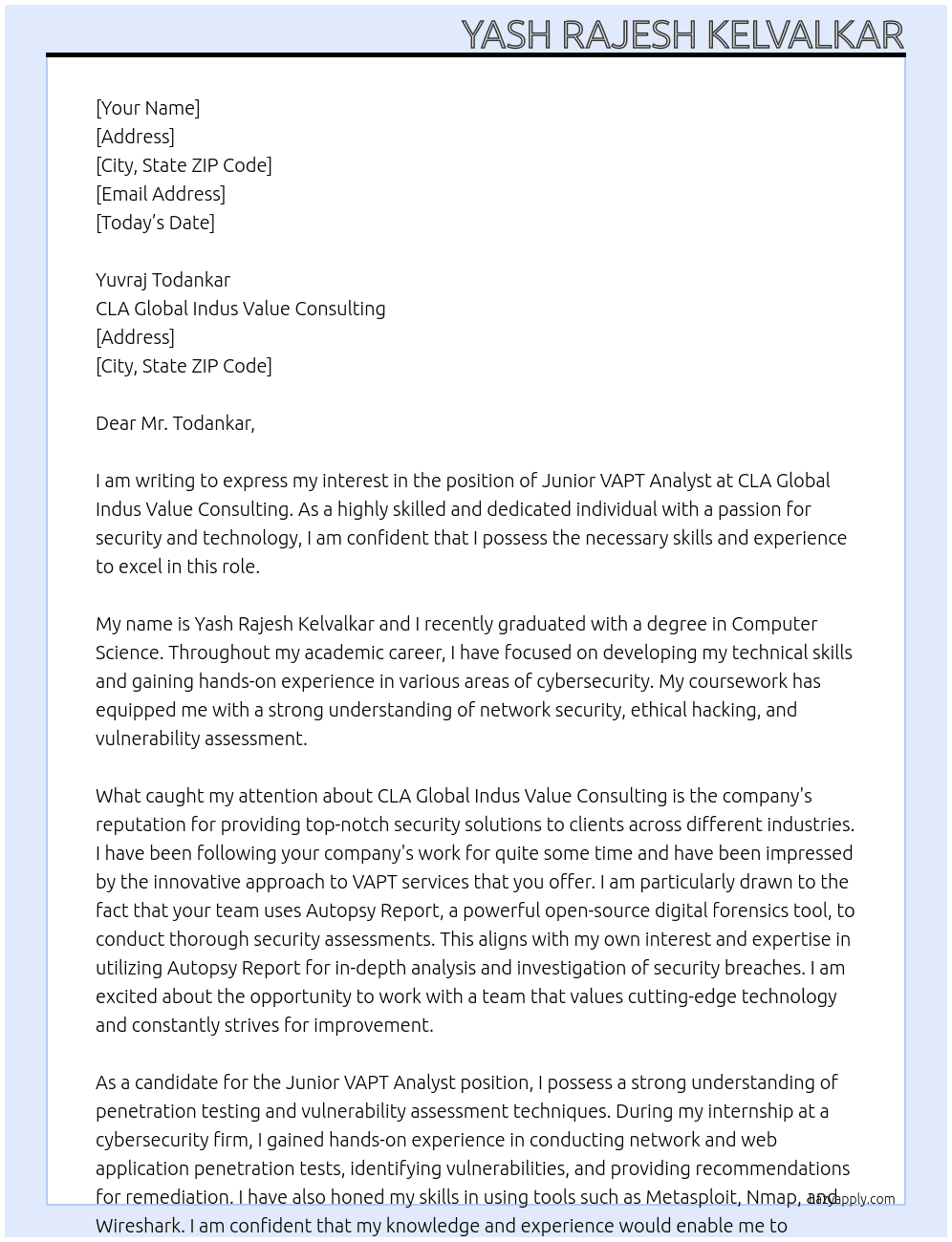 Junior VAPT Analyst At CLA Global Indus Value Consulting Cover Letter