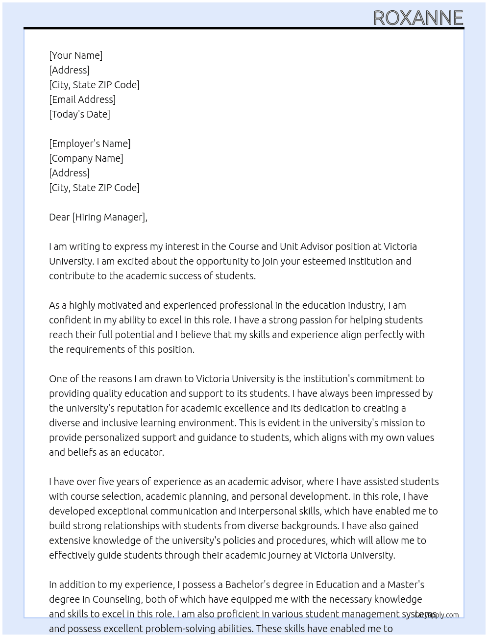 Cover letter for course and unit advisor - LazyApply