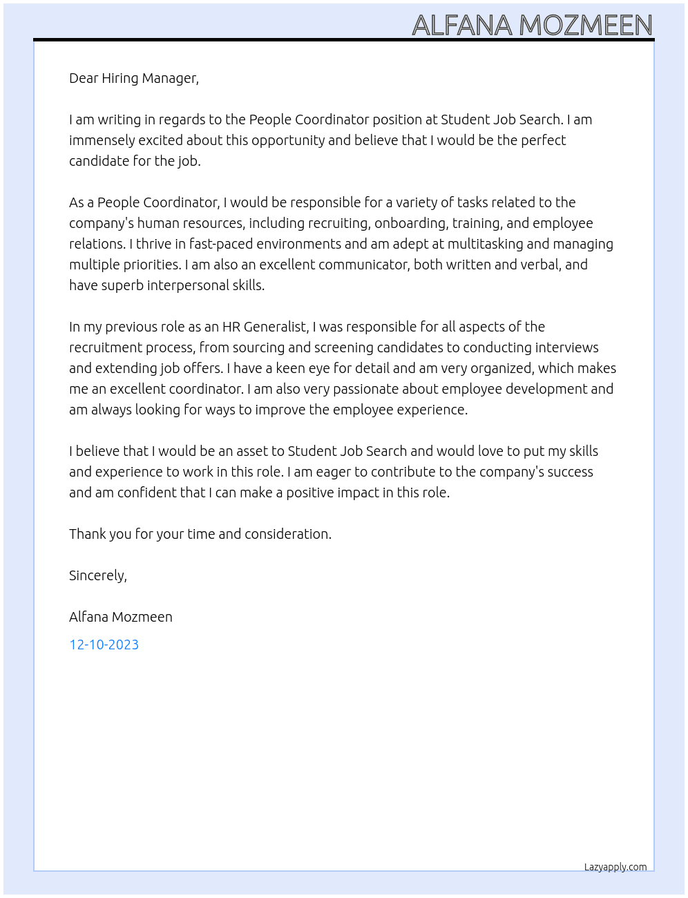 People Coordinator At Student Job Search Cover Letter