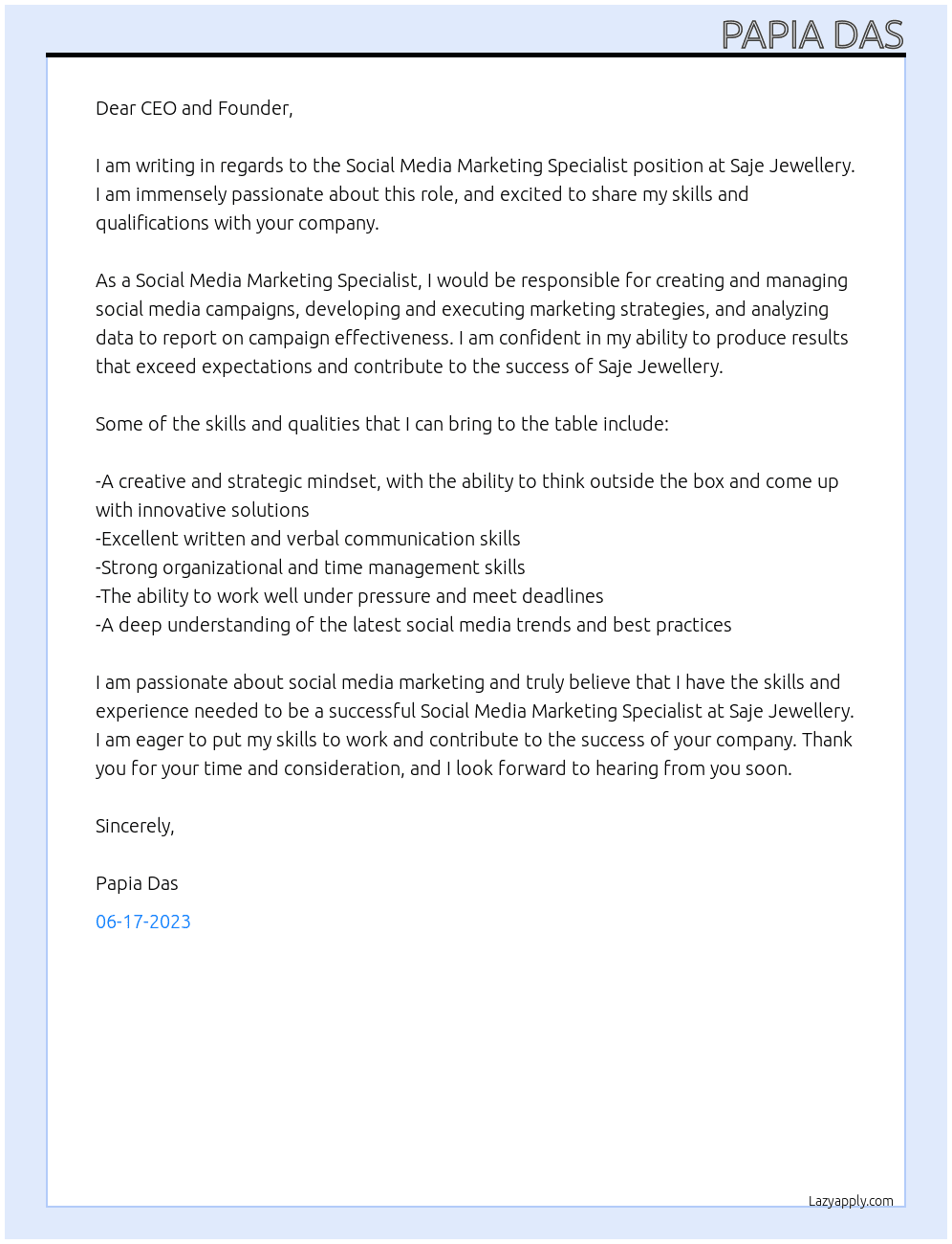 Social Media Marketing Specialist At Saje Jewellery Cover Letter