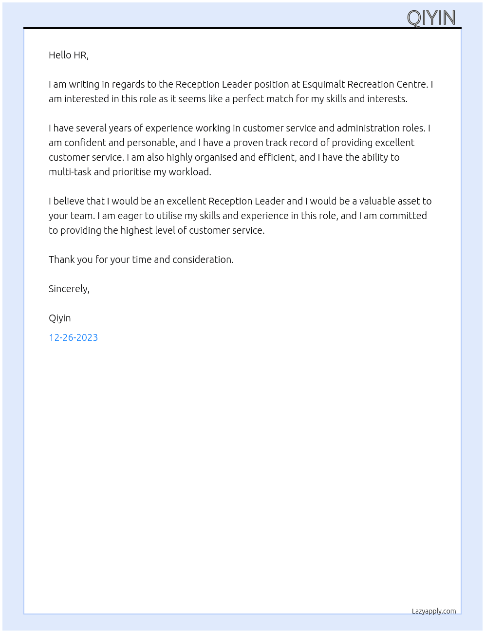Reception Leader At  Esquimalt Recreation Centre Cover Letter