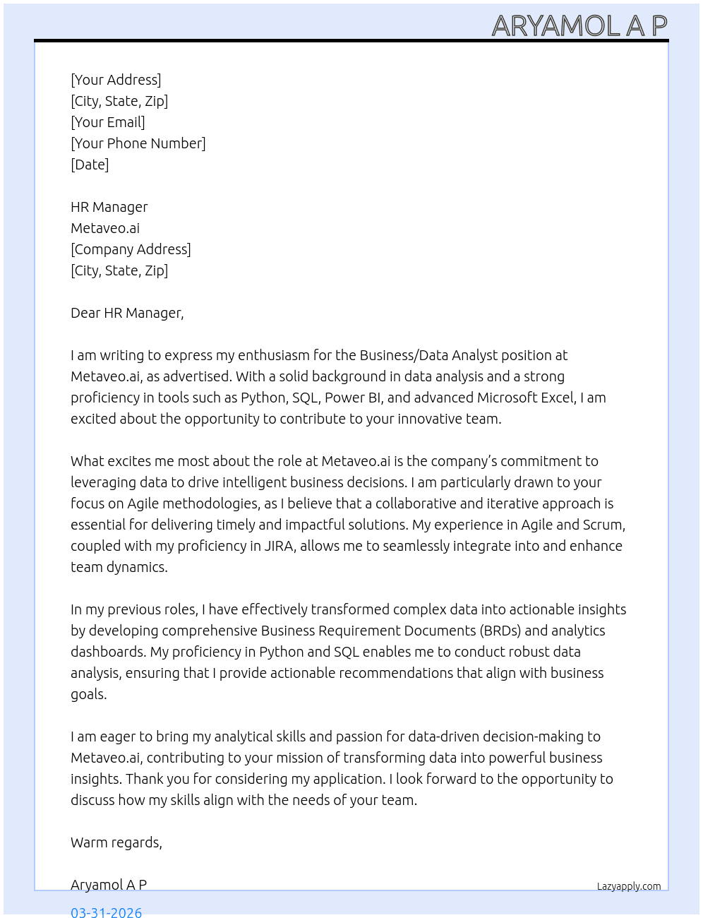 Business/ Data Analyst At Metaveo.ai Cover Letter