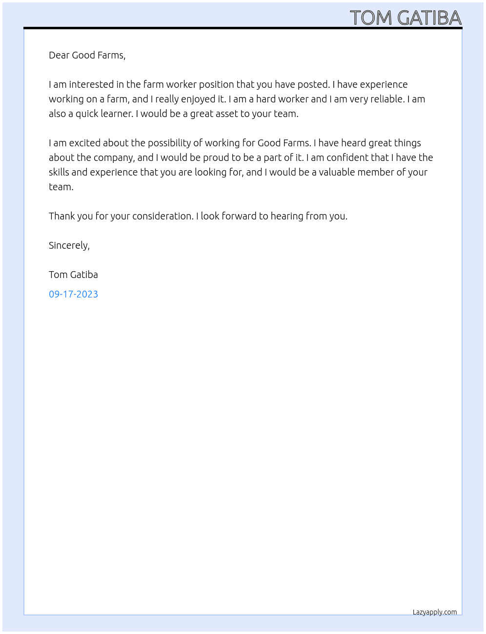 Farm Worker At Good Farms Cover Letter
