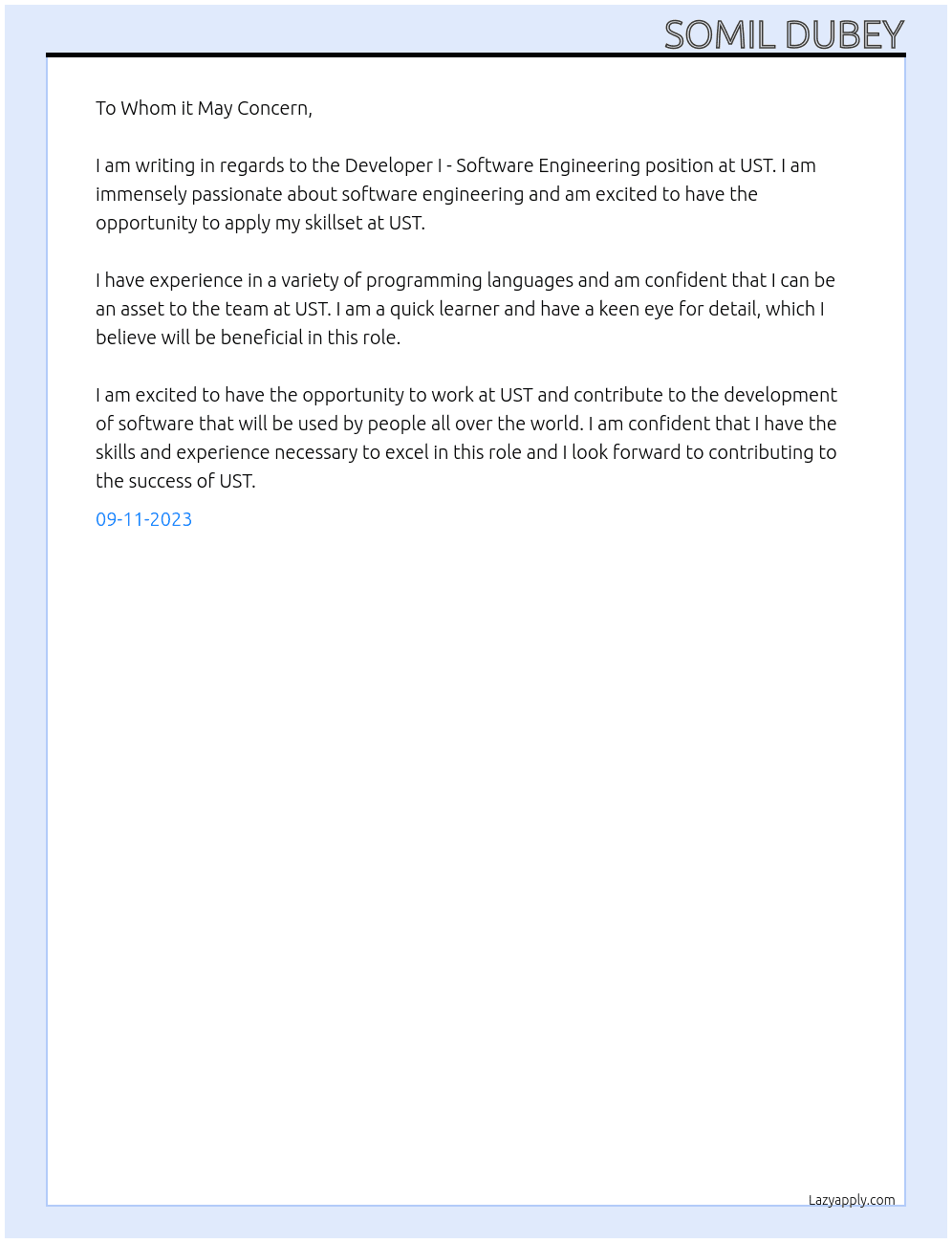 Developer I - Software Engineering At UST Cover Letter