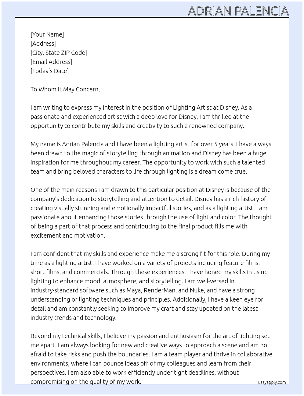 Lighting Artist At Disney Cover Letter