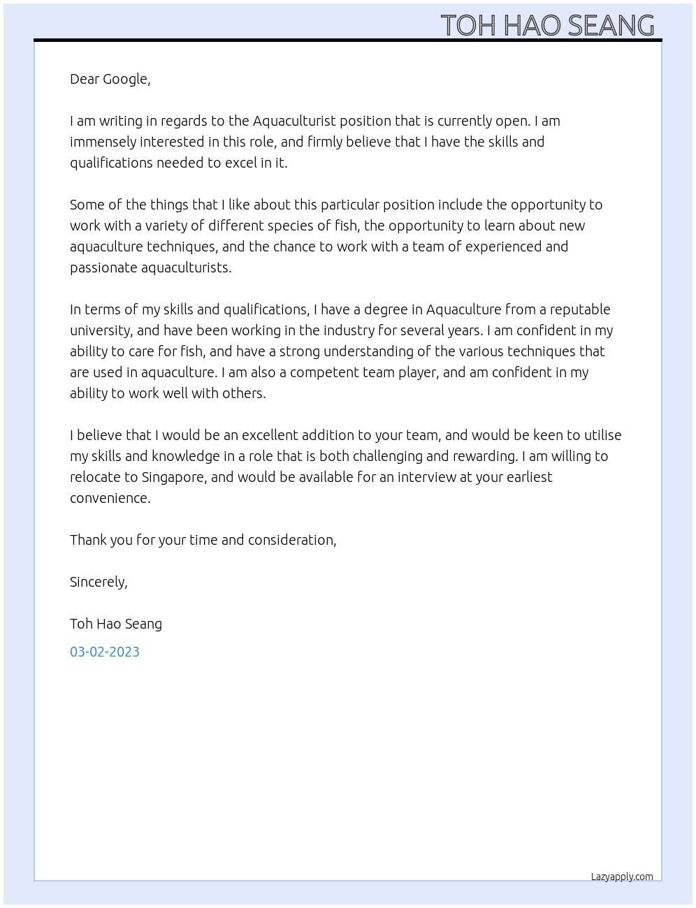 Cover letter for aquaculturist - LazyApply