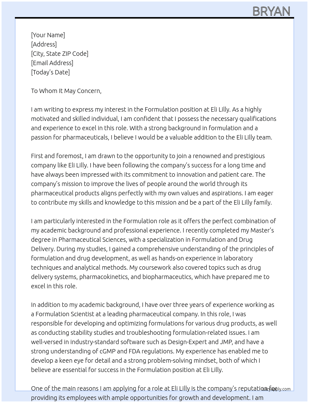 Formulation  At Eli Lilly  Cover Letter