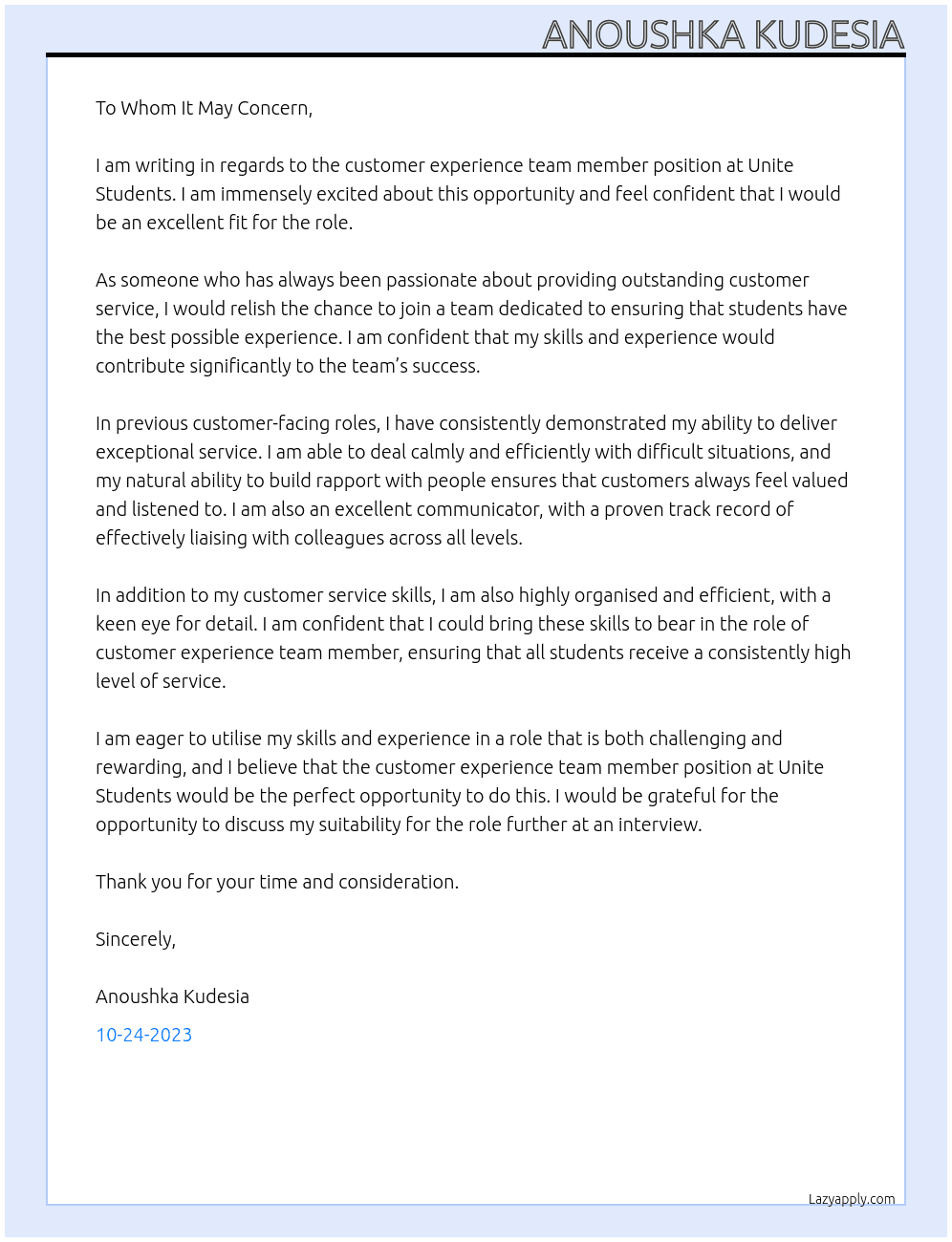 customer experience team member At Unite student Cover Letter