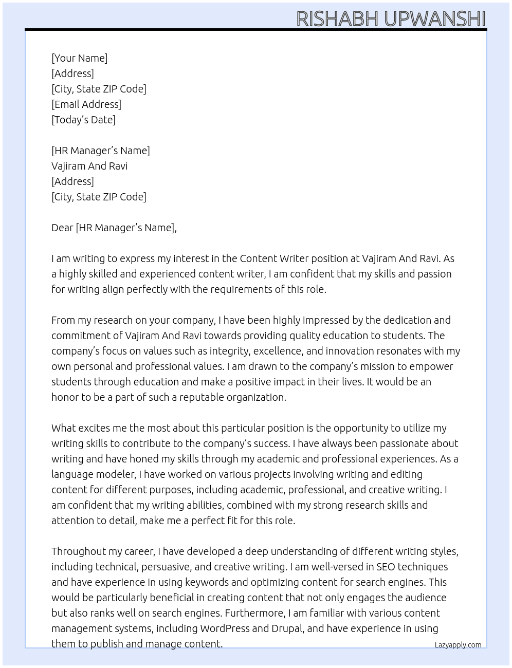 content writer  At Vajiram And Ravi Cover Letter