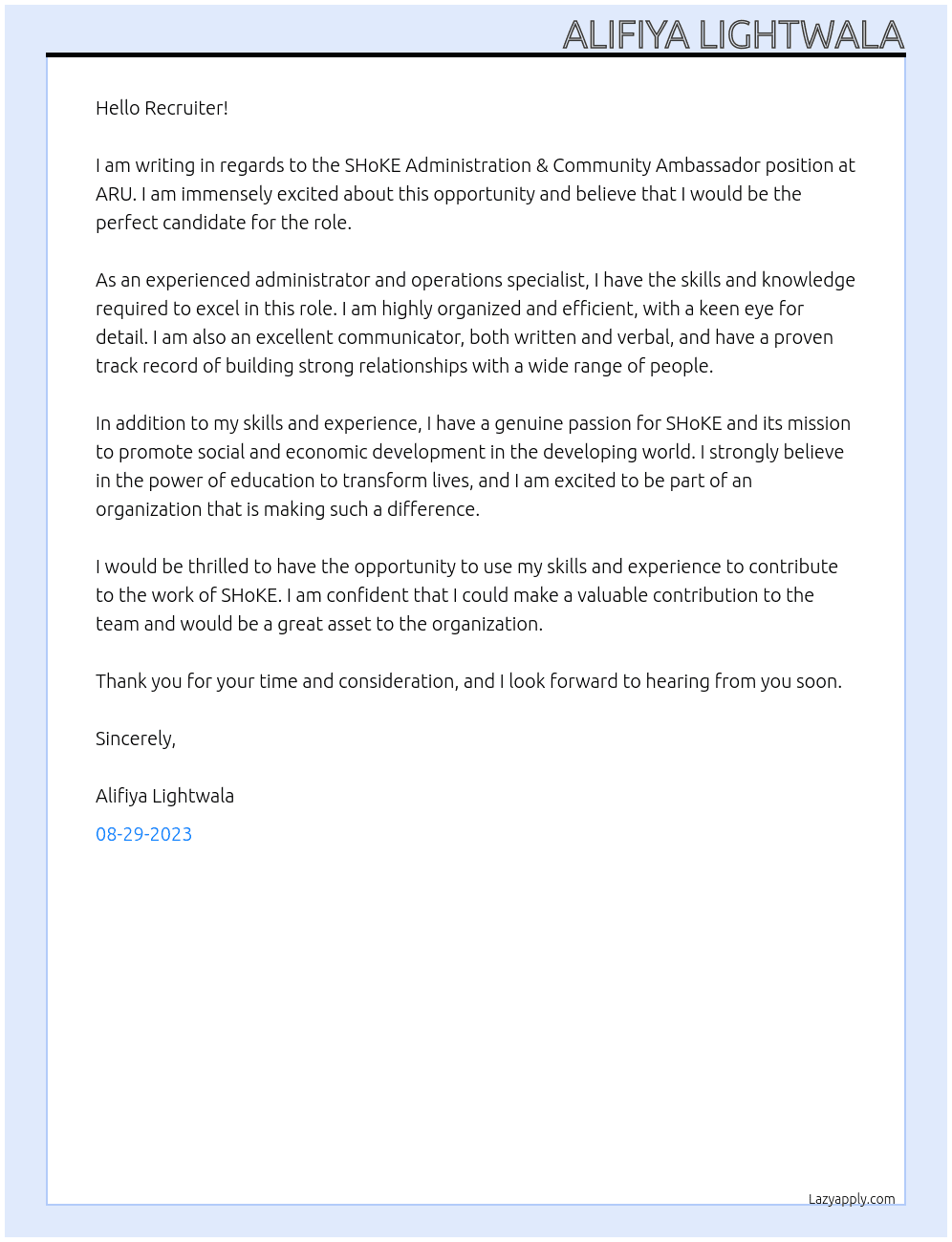 SHoKE Administration & Community Ambassador At ARU Cover Letter