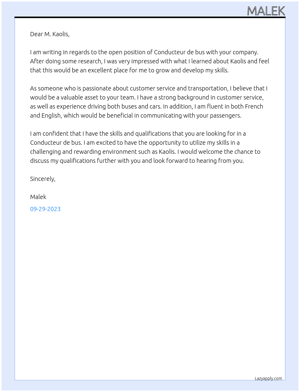 Conducteur de bus  At Kaolis Cover Letter