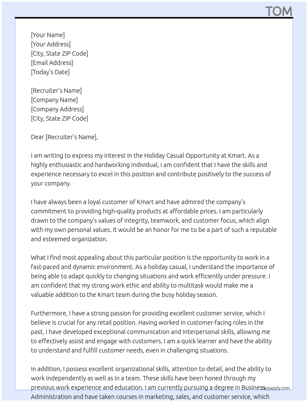 Holiday Casual Opportunity At Kmart Cover Letter