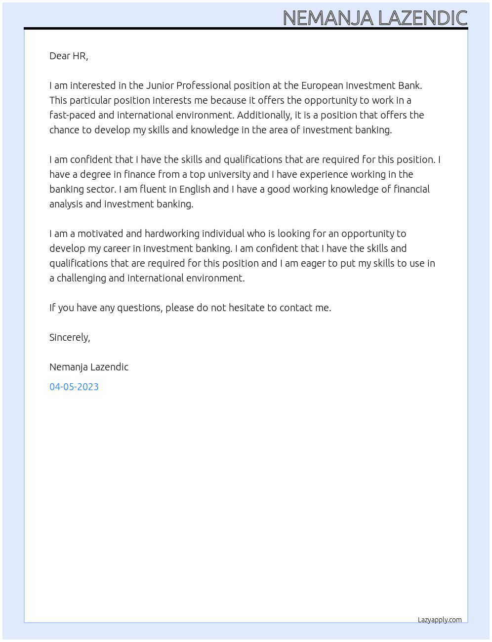 Junior Professional At European Investment Bank Cover Letter