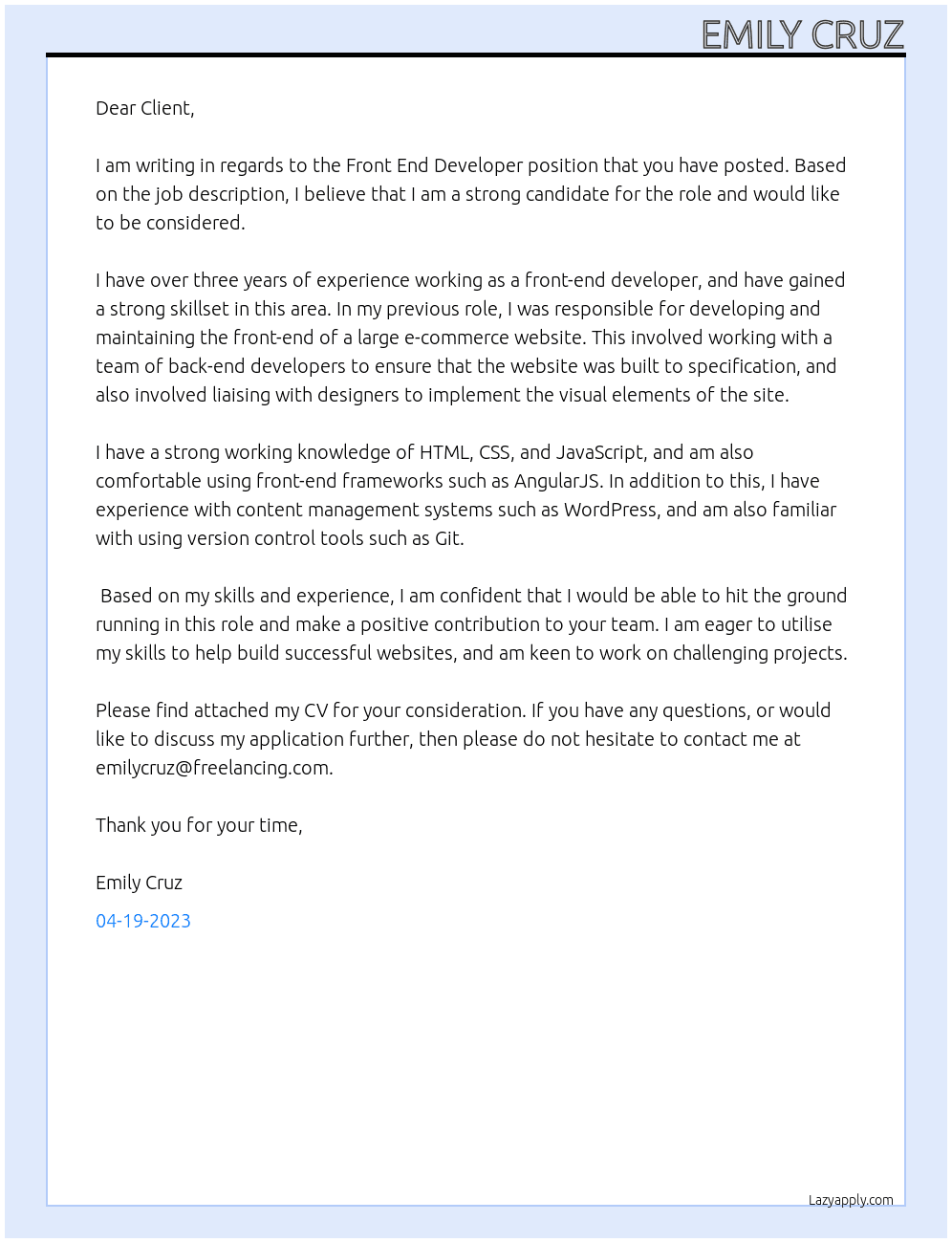 Front End Developer At Freelancing Cover Letter