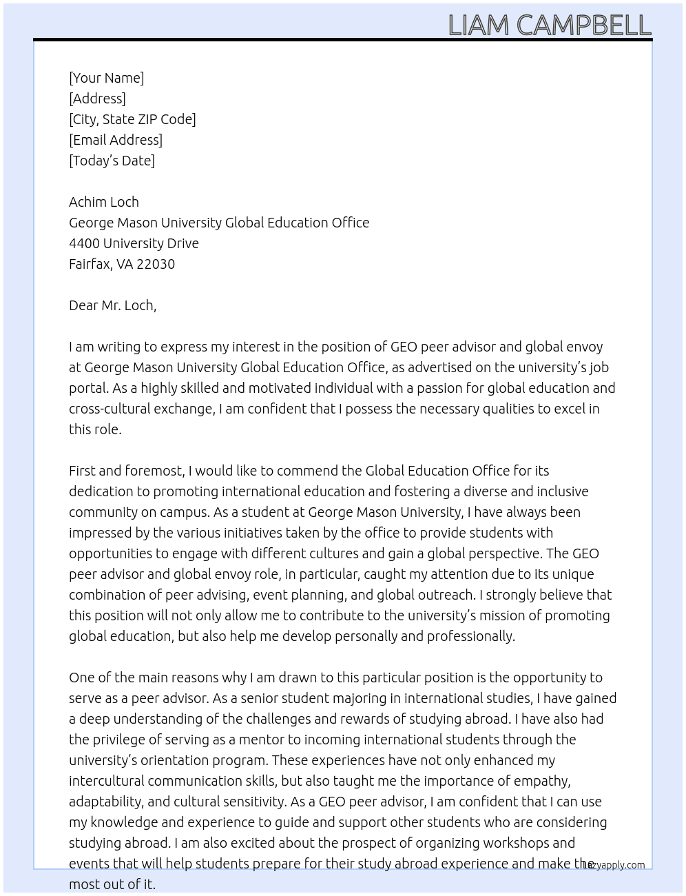 GEO peer advisor and global envoy At George Mason University Global Education Office Cover Letter
