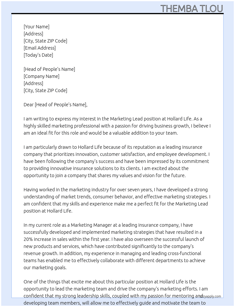 Marketing Lead At Hollard Life Cover Letter