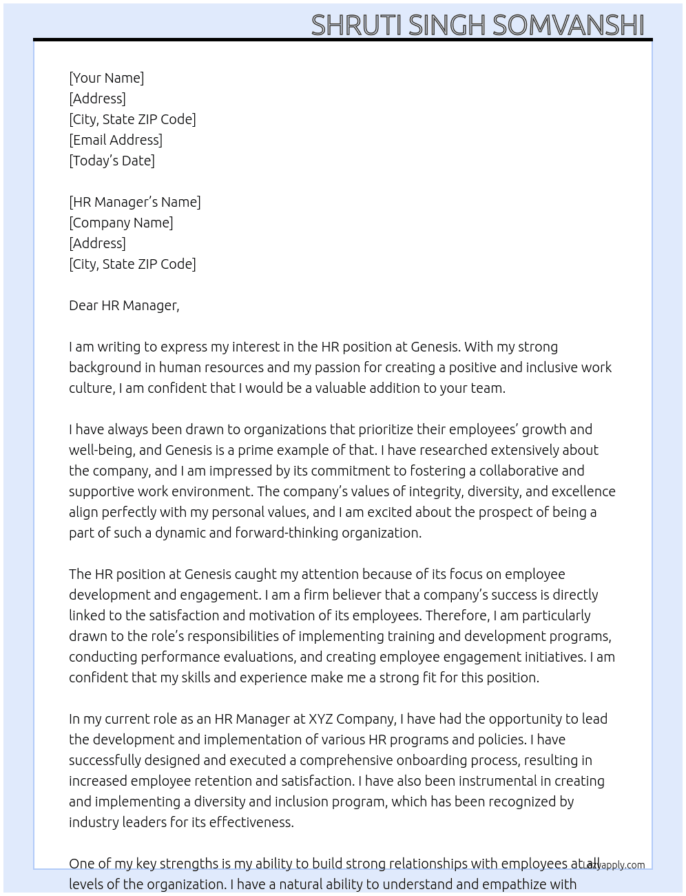 HR  At Genesis Cover Letter