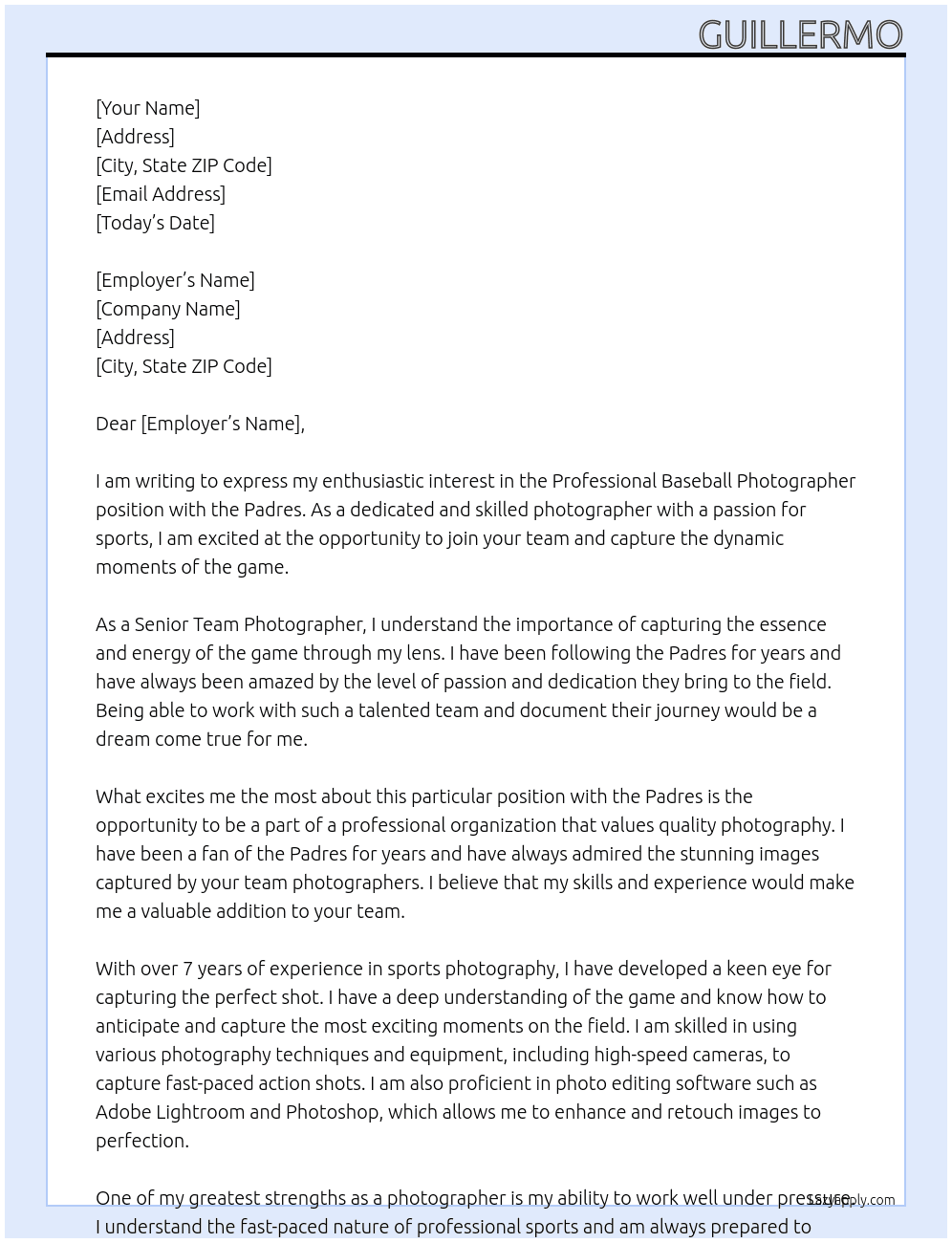 Professional Baseball Photographer At Padres Cover Letter