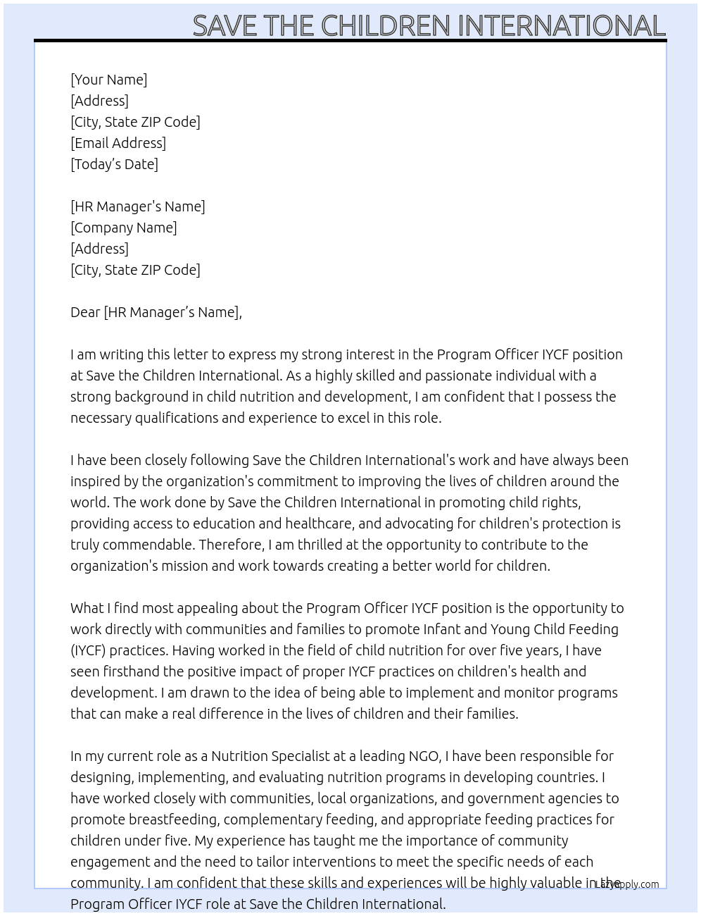 program officer IYCF At save the children international  Cover Letter