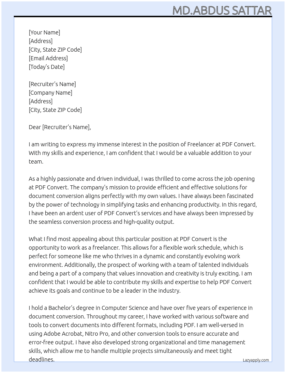 Freelancer  At PDF Convert Cover Letter